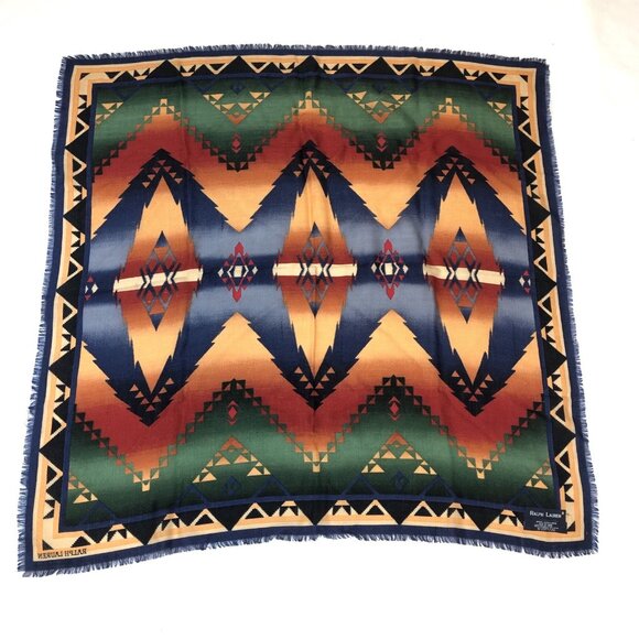 Vintage Ralph Lauren Wool Aztec Southwest Native Print Square Scarf Japan - Picture 9 of 13
